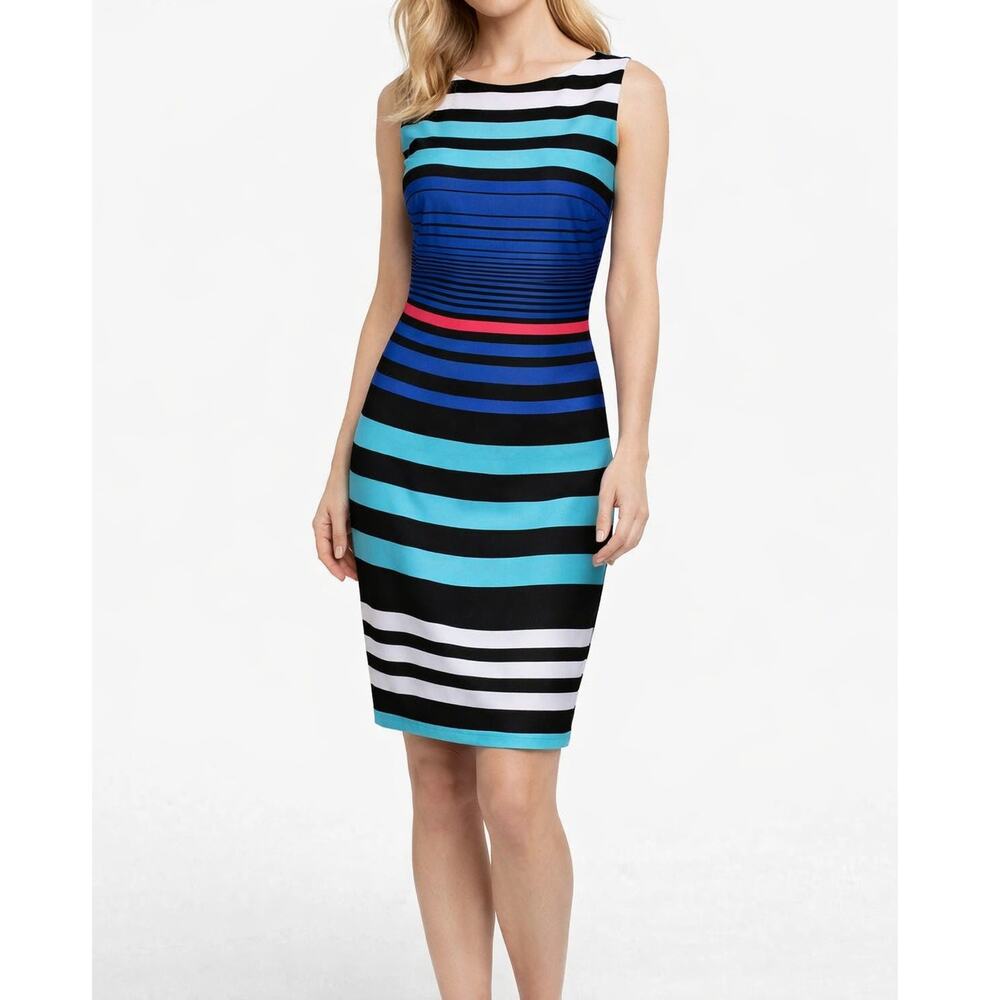 Cache Blue & Green Stripe Midi Sheath Dress Women’s Size S, Sleeveless Boat Neck
